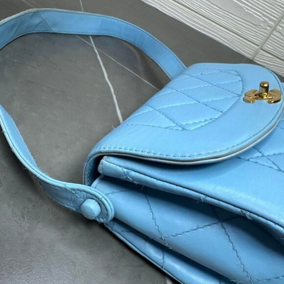 CHANEL 24K Vintage Flap Bag Lambskin Leather Quilted Chain Purse Blue - Picture 15 of 15
